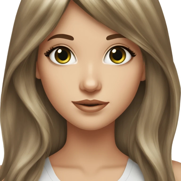 White girl green eyes with long length voluminous brown hair with brown highlights balayage bangs emoji