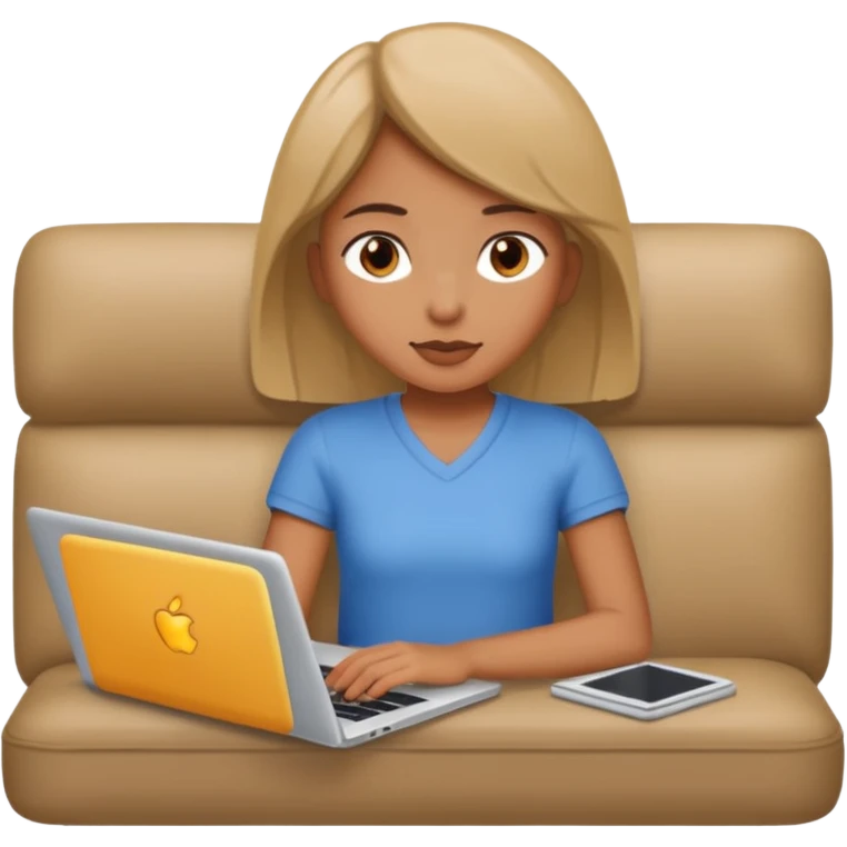 A girl is working with a laptop while lying on the sofa emoji