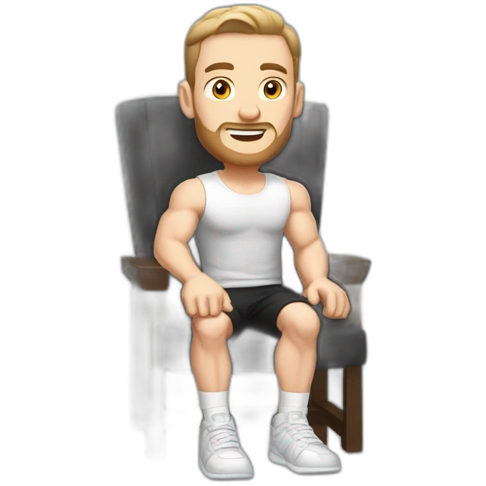 Pale skinned Fit Man With the biceps and dark brown hair in black shirt, gray sports shorts and white Sneakers Sitting on a chair emoji