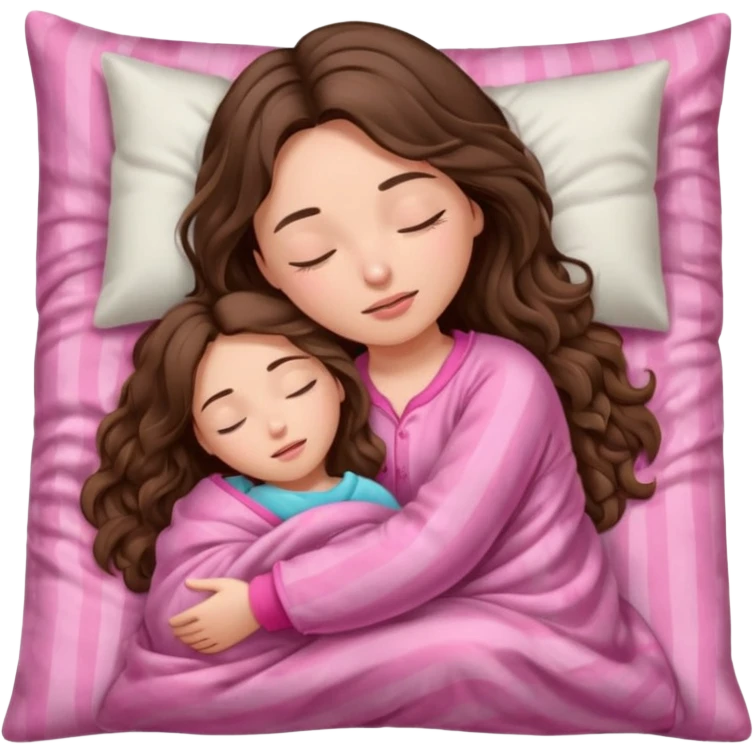 girl brunette inside a blanket sleeping  eyes closed with long  brown wavy hair and pink pjs emoji