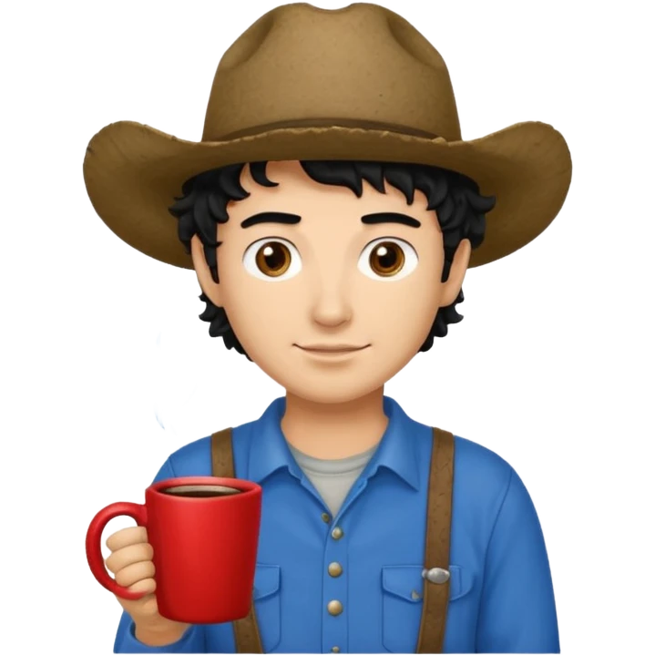 Ranch hand with blue hat and coffee mug, curly black hair, red shirt emoji
