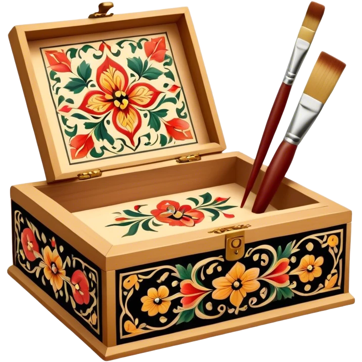 Wooden box painting icon, traditional Palekh or Khokhloma patterns being painted on a wooden box, paintbrush and fine details visible, the box in the process of decoration, visible tools like brushes and paints, minimalistic style, clean lines, transparent background. emoji