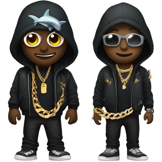 A black snake with a Shark , both rappers with gold chains emoji