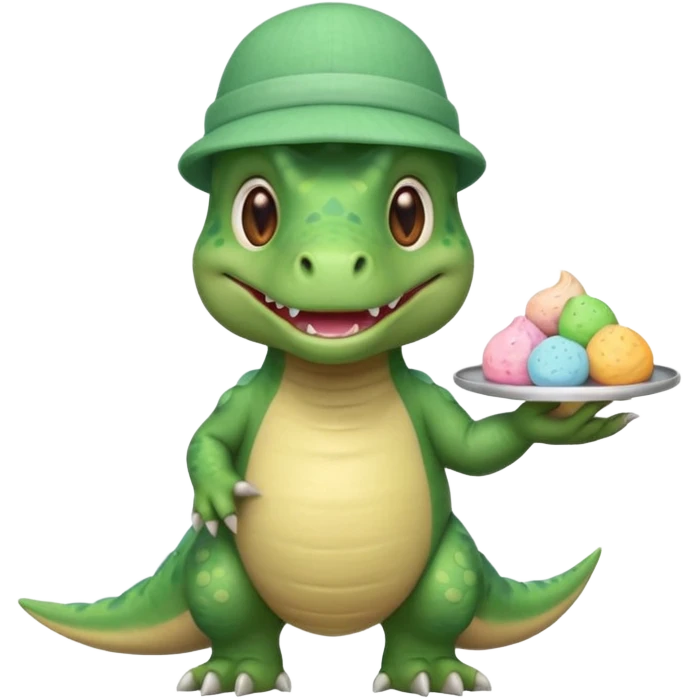 quiero un dinosaurio divertido con delantal y gorro de pastelero y en la mano un pastel emoji