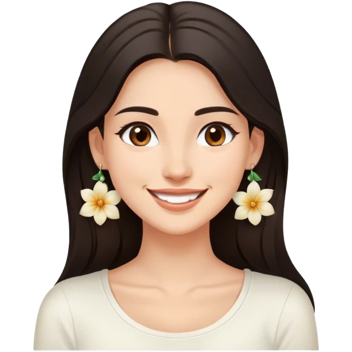 The image features a young woman with long, dark hair and a warm smile without showing tooth. She is wearing a white top and elegant floral earrings. Her expression conveys happiness and friendliness. The background is softly blurred with neutral tones, suggesting an indoor setting. The lighting is soft and natural, enhancing the relaxed and approachable feel of the image. emoji