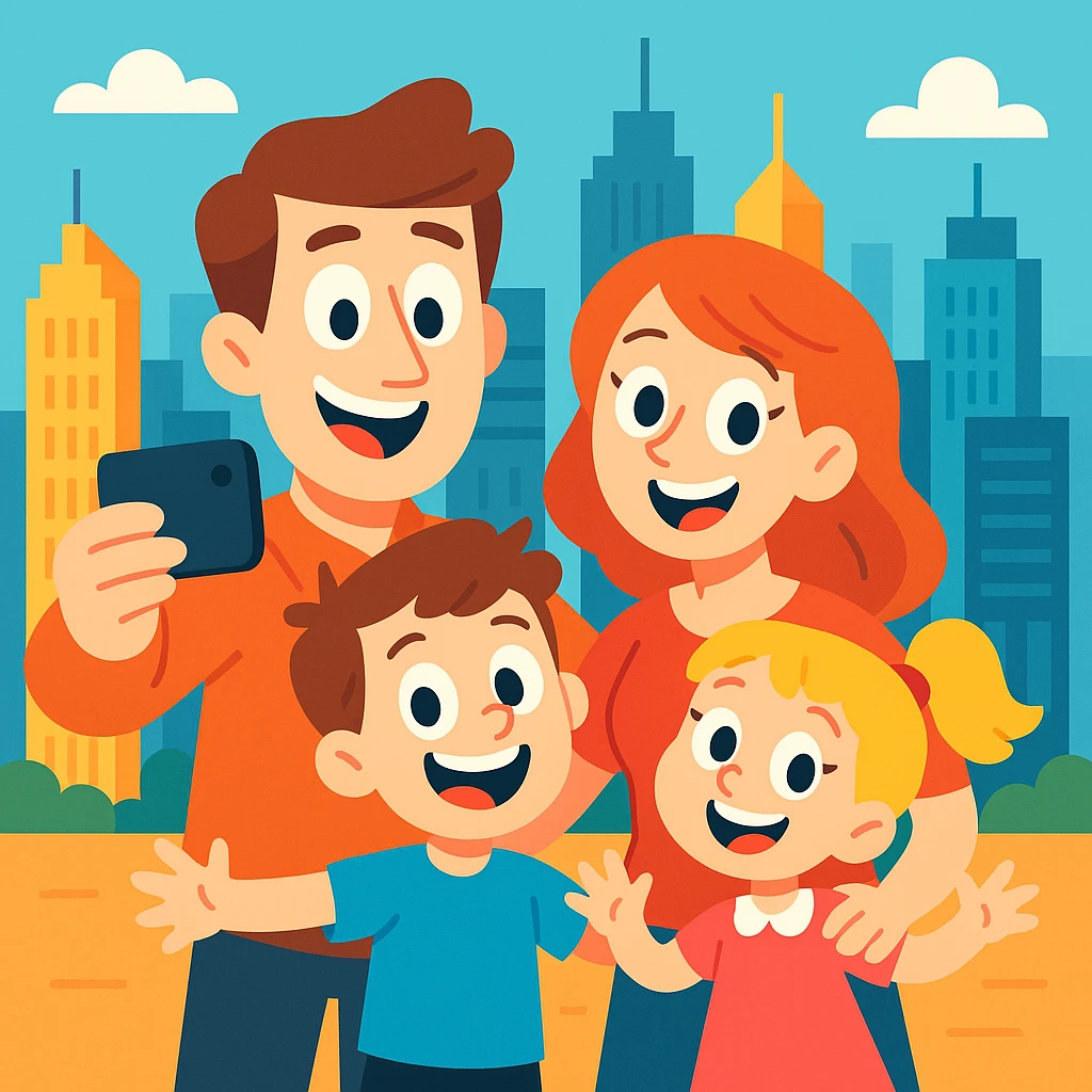 cartoon family taking a selfie in front of city skyscrapers, playful, bright colors, vibrant toon style emoji