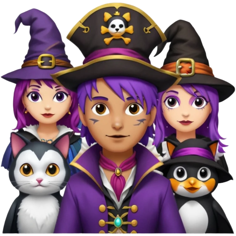 Um homem vestido de pirata,um gato de mágico,uma mulher de cabelos roxos e um pinguin vestido de bruxa emoji