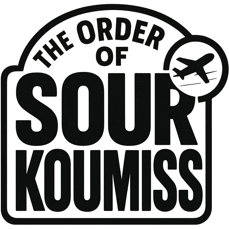 A retro 90s logo for 'The Order of Sour Koumiss' with bold typography and a subtle travel-related icon, in black and white emoji