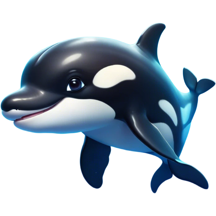 Cinematic Cute orca Portrait Emoji, Head tilted playfully and inquisitively, featuring a smoothly rounded body with bright, sparkling eyes and an adorable, friendly smile, Simplified yet irresistibly adorable features, highly detailed, glowing with a warm, ocean-blue glow, high shine, affectionate and lively, stylized with a touch of whimsical aquatic charm, soft glowing outline, capturing the essence of a mischievous yet endearing orca that seems as if it could leap right into your heart! emoji