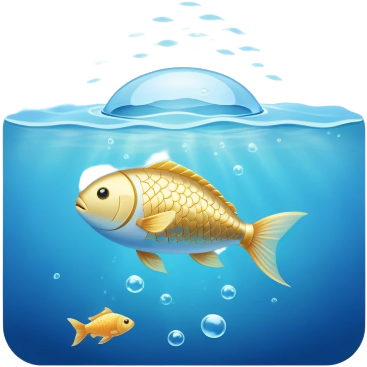 Golden capsule floating in gentle blue water currents, with a translucent fish swimming around a glowing brain. Soft light waves emanating from the brain creating a calming effect. The scene has an ethereal, dreamlike quality. emoji
