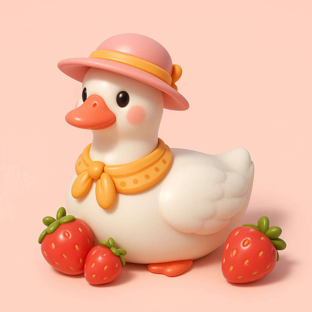 ios 3d style, white duck with a pink hat and yellow scarf, with two strawberries emoji