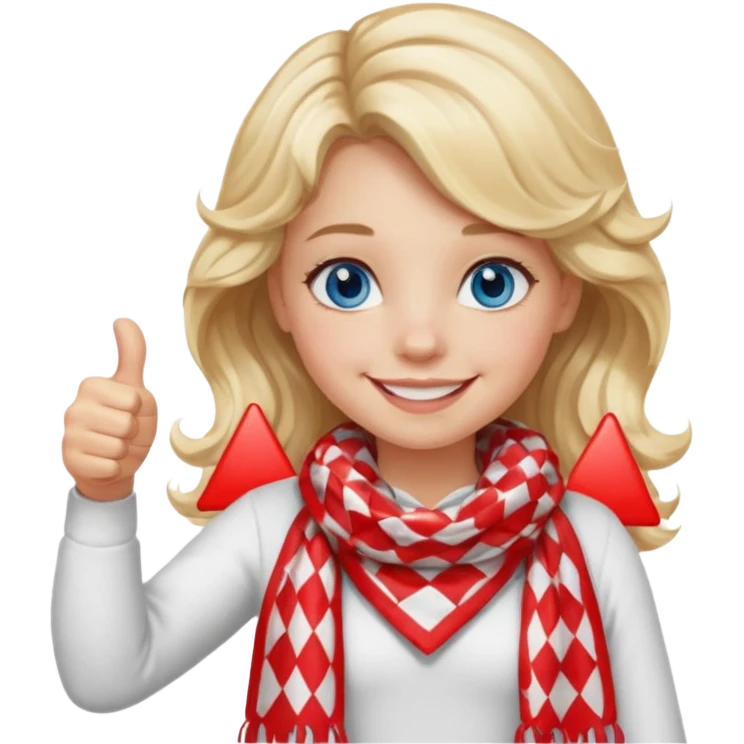 Blonde Girl, Blue Eyes, wavy hair, smiling, thumbs up, wearing red Checkered Triangle scarf, white dress emoji