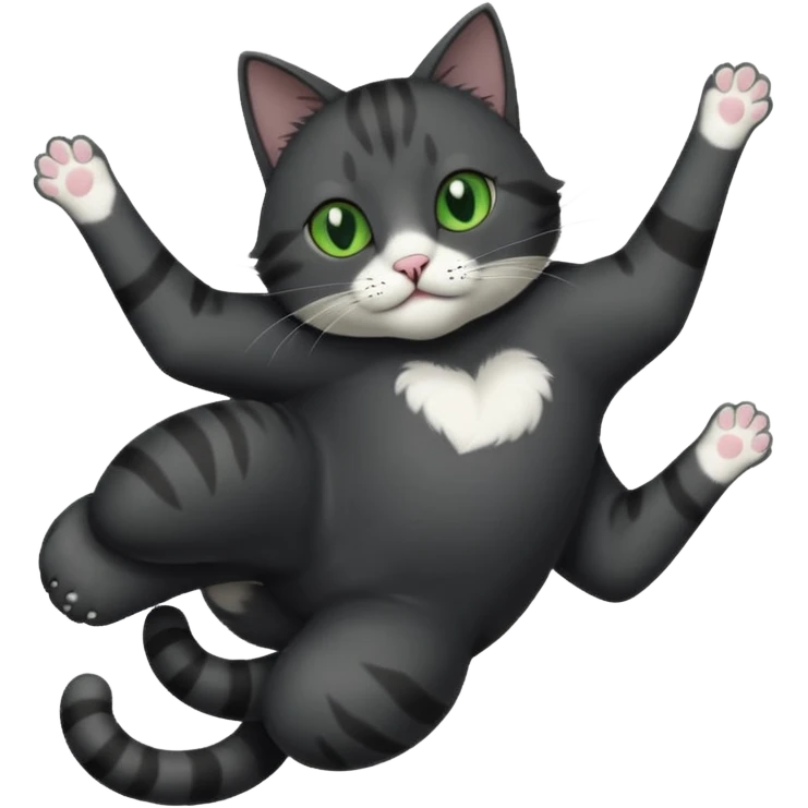 solid dark grey cat with green eyes, white toes/paws and white patch on her chest playfully rolling upside down emoji