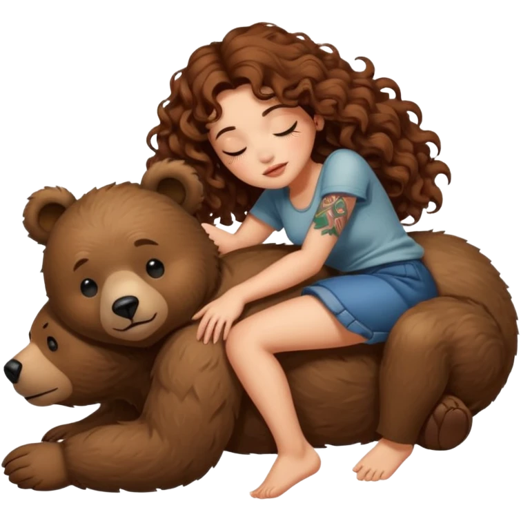 cute woman long curly brown hair tattoos riding sleepy bear emoji