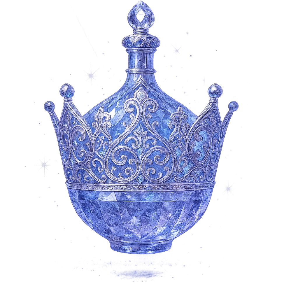 luxurious crystal elixir bottle shaped unmistakably like a crown (not a flask), color #7986cb, ornate multi-layered holographic and silver filigree, intricate crystal texture, magical glowing and sparkling effects, radiant light beams, very small neck, seamless and beautifully rounded closed bottom (not flat or open like glass), transparent background, bottle clearly floating in air, no base or shadow, not standing, modern, collection style, extremely beautiful and refined, elegant crown silhouette emoji