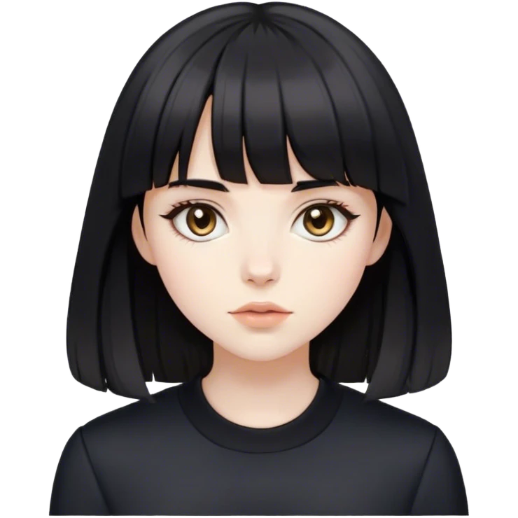 a pale white feminine girl with medium length slightly wavy black hair and bangs with big light brown eyes looking like a porcelain doll with black clothes emoji