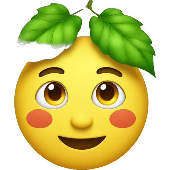 A yellow relaxed emoji face with reddish eyes. And with small dust clouds and green leafs around him emoji