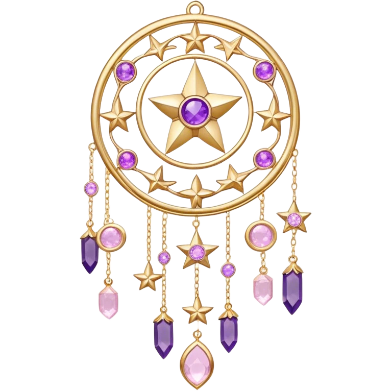 Epic beautiful gorgeous cute gold suncatcher, threads with shiny sparkly amethyst and rose-quartz gemstones, flowers, moons, stars, leaves, detailed emoji