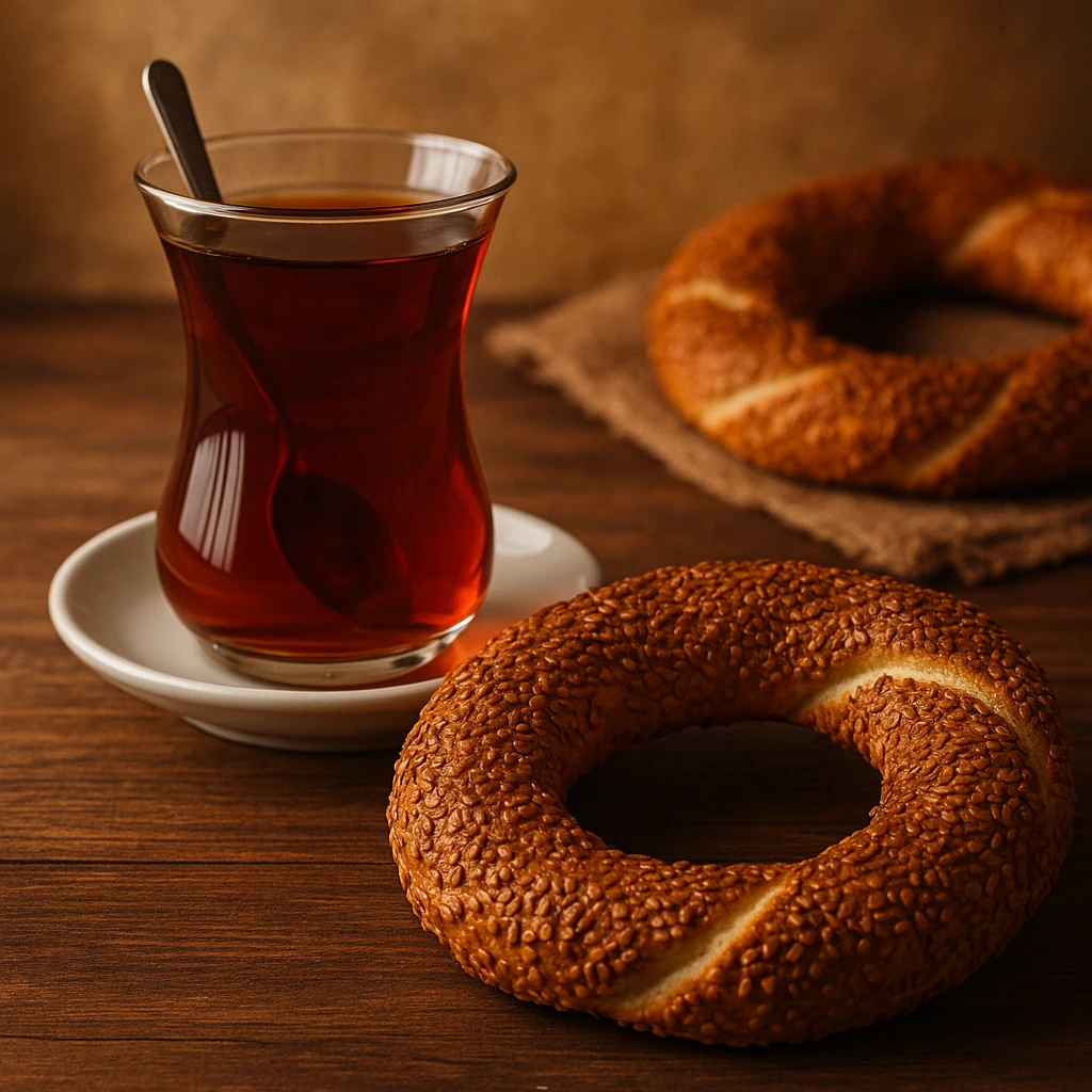 a cup of tea with a simit, the classic duo of Turkish breakfast, creating a warm and cozy atmosphere emoji