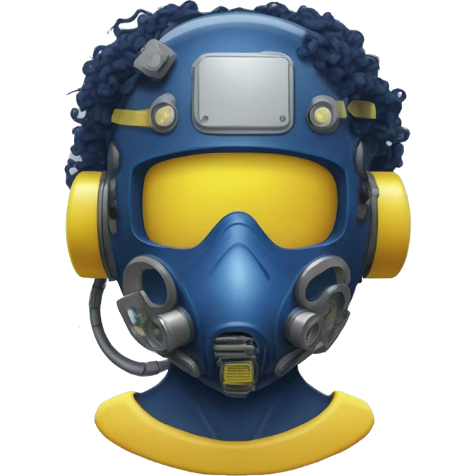 Dark Blue curly hair cyborg head with yellow respirator mask and circuitry emoji
