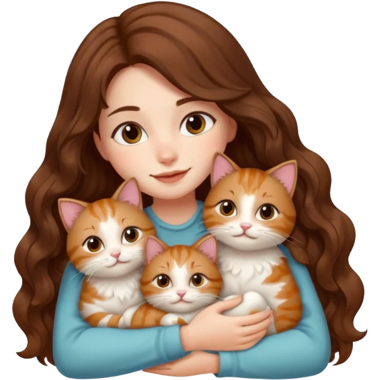 girl with long wavy brown hair cuddling with 6 cute cats emoji