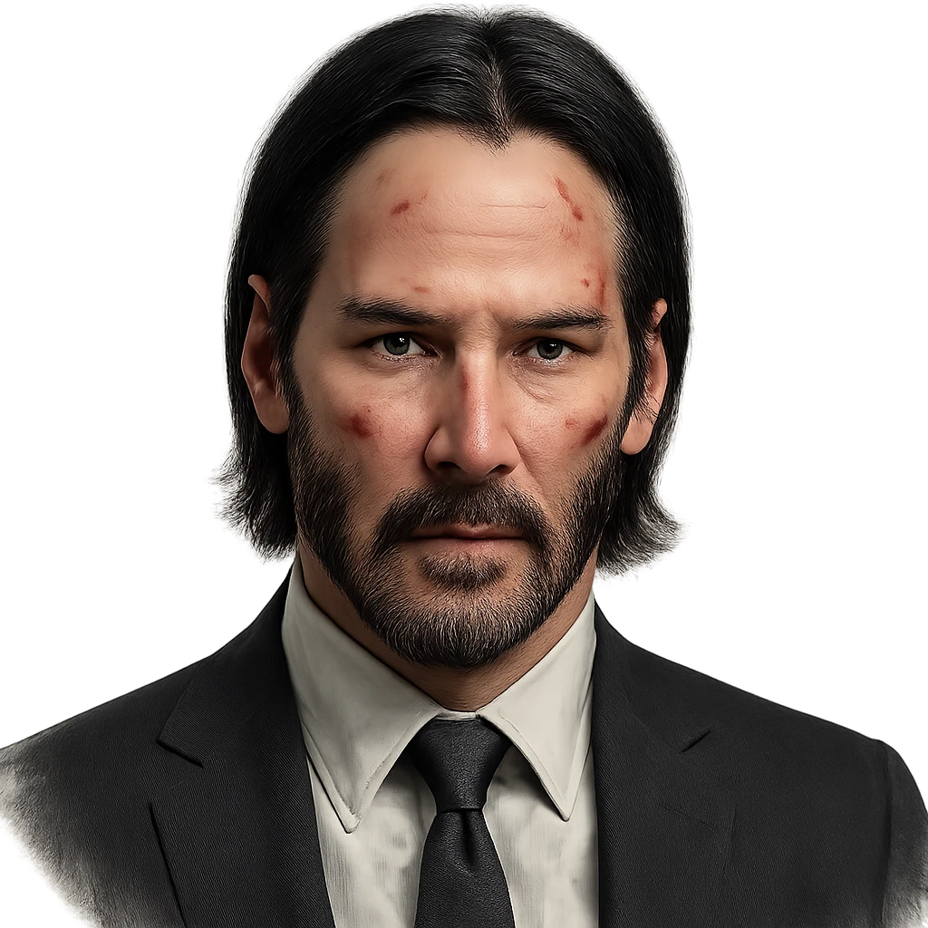 John Wick head, sharp features, black hair, subtle bruises, iconic look, realistic details, minimal background emoji