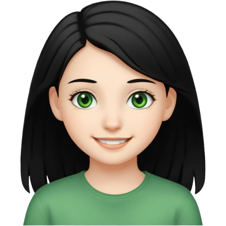 teenage girl with green eyes and black hair, smiling emoji
