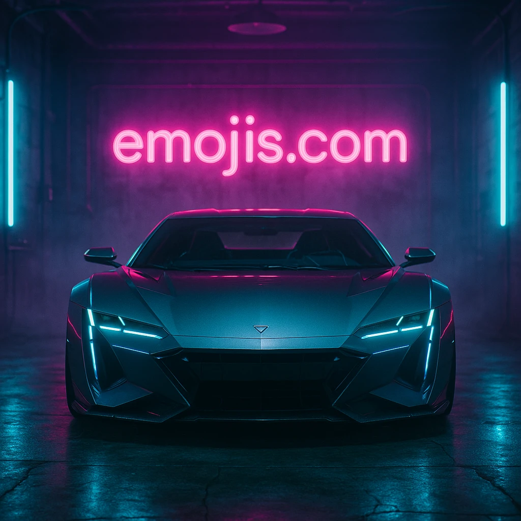 Cinematic still of a futuristic car parked front to camera inside neon garage with led behind saying "emojis.com", room fill with haze, very detailed and futuristic ,inspired by cyberpunk 2077 emoji