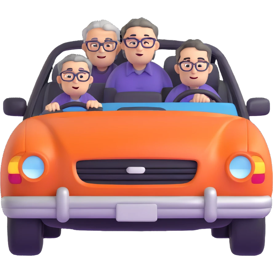 front view of an orange car with three people inside: driver male with chubby face, light stubble, purple shirt; front passenger middle-aged male with round face, gray hair, glasses, checkered shirt; rear passenger male with sharp face, black hair, glasses, black t-shirt emoji
