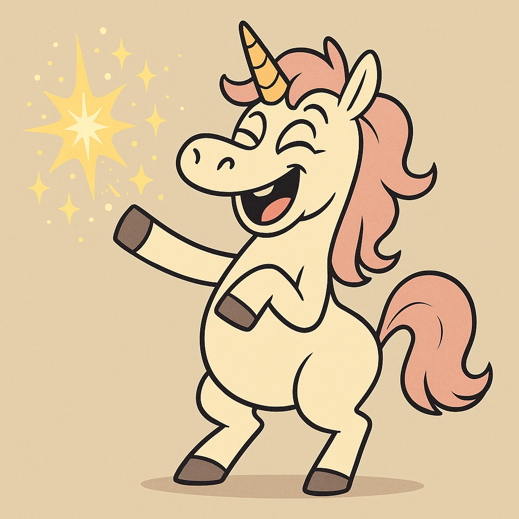 a playful unicorn casting sparkly magic, cartoon style emoji