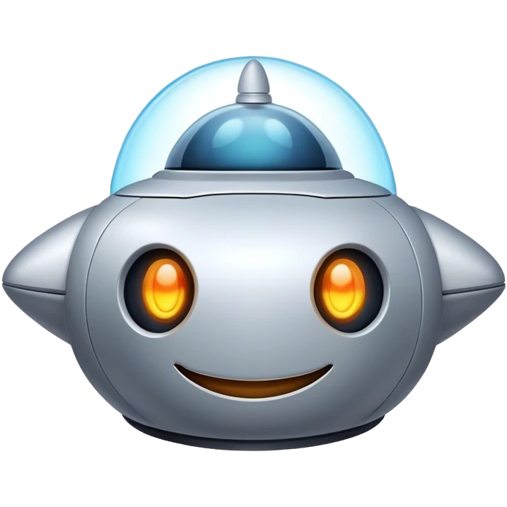 Design a simple, friendly spaceship with a smooth, rounded shape. Add a clear 'face' on the front using glowing lights for eyes and a curved line for a smile, giving it personality. Use a plain background to keep the focus on the ship emoji
