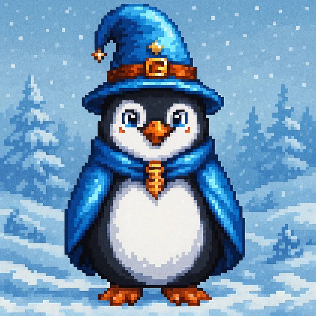 Make a snowy landscape background behind the penguin wizard, keep all original colours and lighting in pixel art style emoji