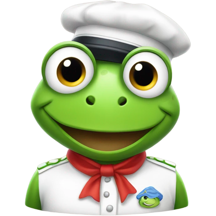 Frog with red and white store uniform with a cute formed emoji