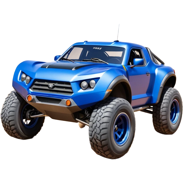 Satan’s (post race) ultra blue wide-body Dirty and dented Local Motors Rally Fighter off road race car hot rod trophy truck-style flying turning a tight corner (silver wheels) emoji