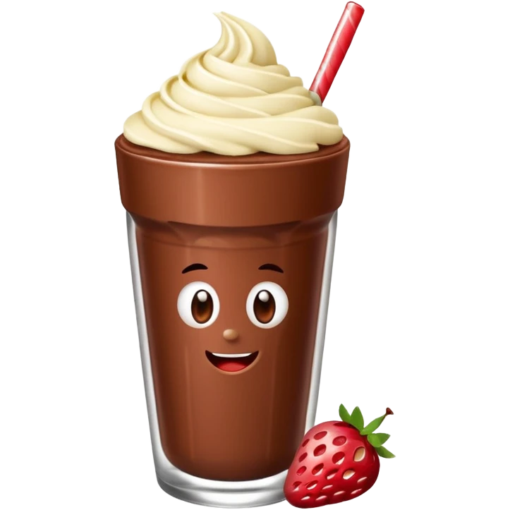Un vaso cubierto de chocolate que arriba se vea crema batida encima M y M  y fresas encima  emoji