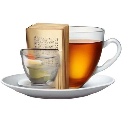 China tea cup with tea and a starch of books with glasses on top emoji