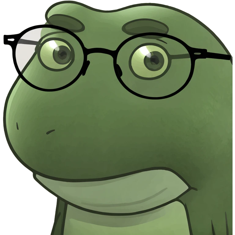 a girl with blue eyes, blond hair in pigtails, wearing round glasses, bufo frog meme style emoji
