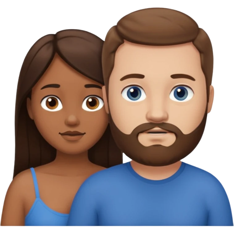 chubby white guy with brown hair and beard and blue eyes, holding a brown girl with long dark hair and dark brown eyes in arms, naked, showing tits and pussy emoji