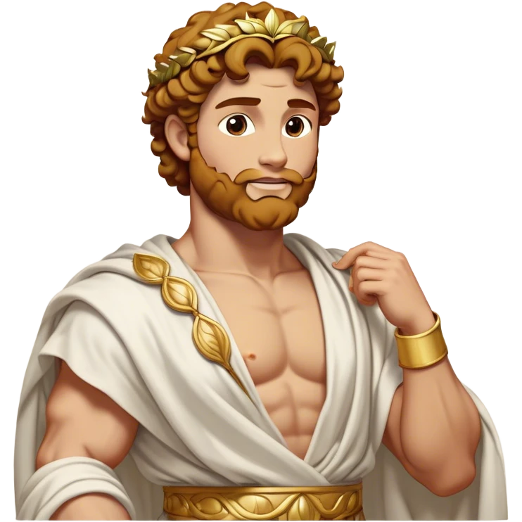 Cinematic Realistic Hercules Portrait, head tilted dramatically with an exaggeratedly amused expression, blending the fierce valor of the Hercules with the classic elegance of Michelangelo's David. His light tan skin and thick, curly, golden brown hair, rendered with meticulous classical detail, frame a face of heroic determination and playful charm. Clad in a gracefully draped white robe adorned with subtle golden embellishments and accented by a distinguished Greek laurel wreath, dynamic lighting accentuates both his formidable physical power and his approachable, spirited demeanor. emoji