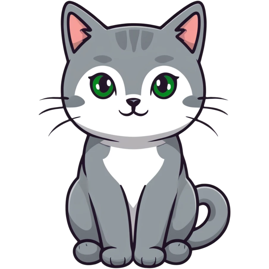Elegant gray cat with smooth fur, large green eyes, serene expression, sitting facing camera emoji