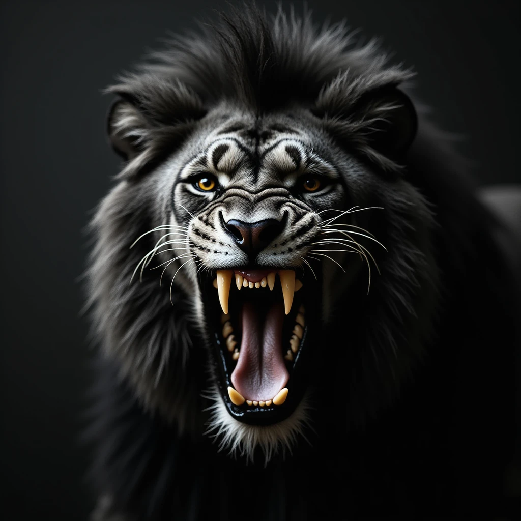 a black lion with a gold tooth, realistic style, roaring emoji