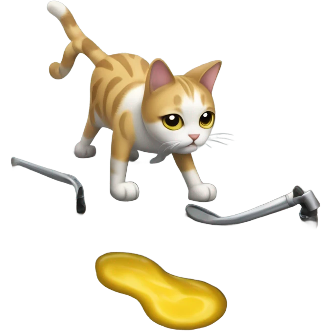 A cat with crutches slips on a puddle of mustard emoji