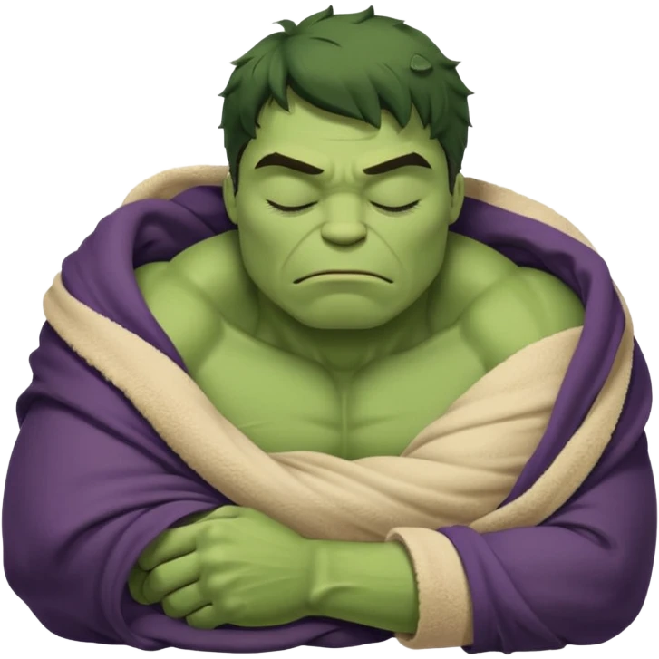 Incredible Hulk eyes closed sleeping lying down curled up in a beige blanket up to his neck emoji