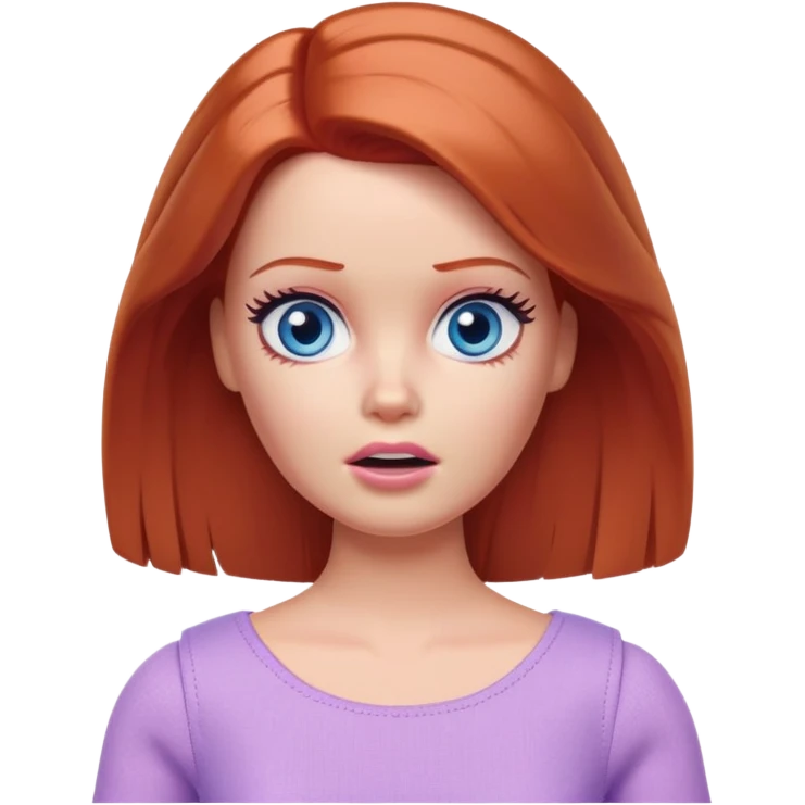 Barbie girl Chestnut-red Shoulder-length hair and blue eyes is In pale purple clothes a Feels terrified emoji