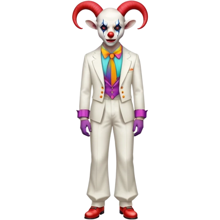 full-body demonic clown in a white leisure suit with bellbottom pants, bald, black ram horns, elevator shoes, flashy belt, ruffled shirt, colorful tie emoji
