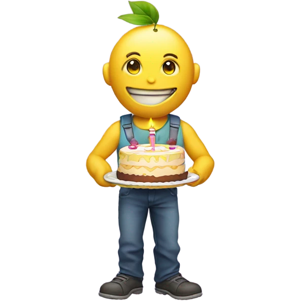 A  humanoid lemon with a birthday cake emoji