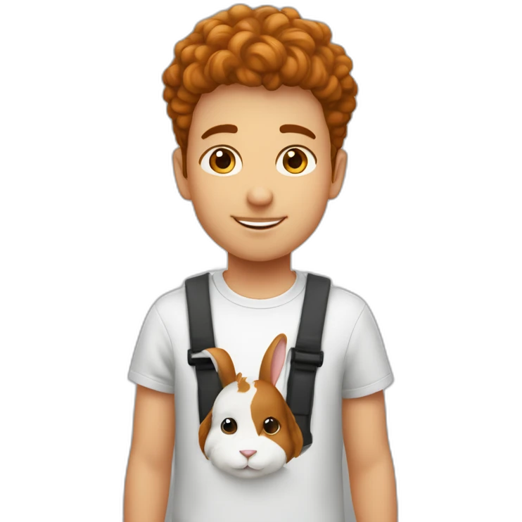 Garçon avec cheveux bouclé roux avec un lapin noir et blanc emoji