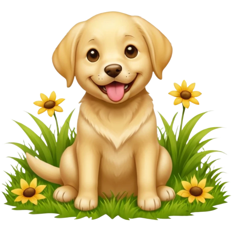 A yellow Labrador Retriever sitting on a grassy field, smiling with its tongue out under bright sunlight. Realistic lighting, outdoor park setting, friendly expression, high detail. emoji