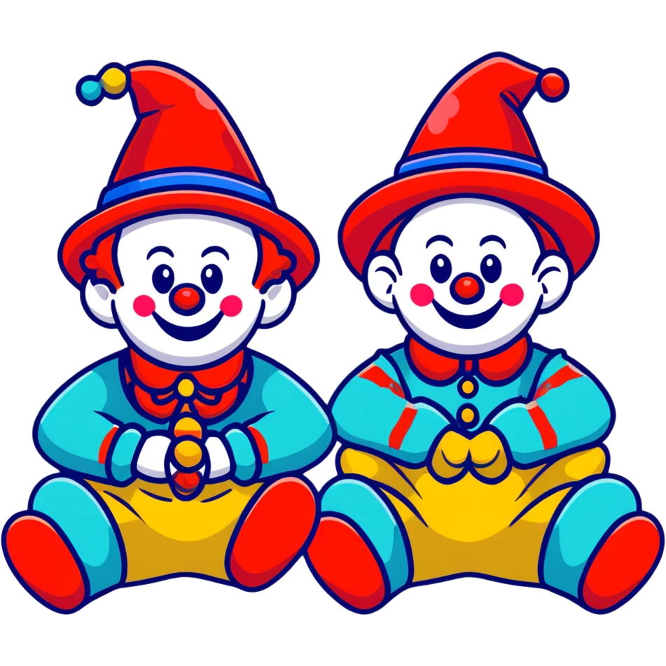 two clowns playing musical chairs, whimsical cartoonish style emoji