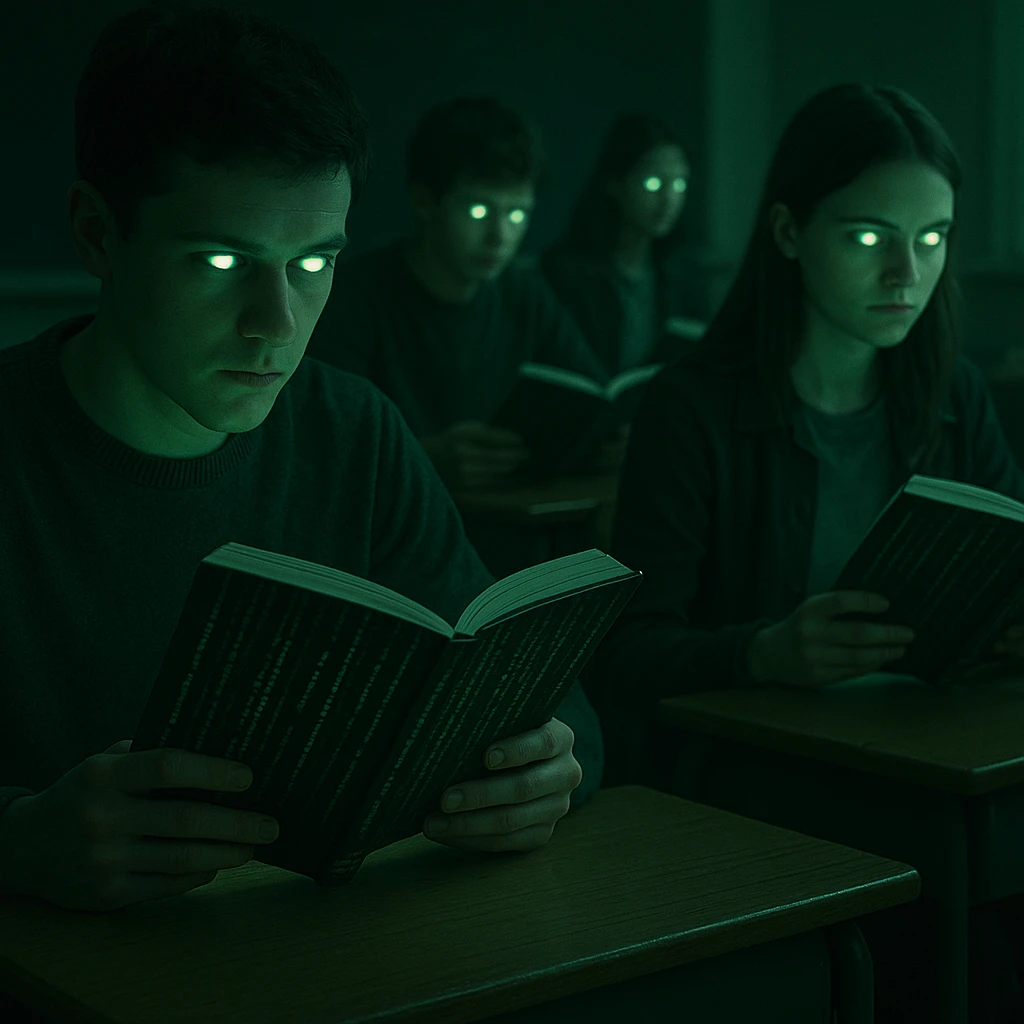 students sitting at desks, glowing eyes and lost gaze, reading manuals with covers showing Matrix code, manipulation atmosphere, cold and green lights, 4K quality emoji